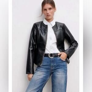 Zara Black Faux Leather Collarless Moto Biker Jacket Small